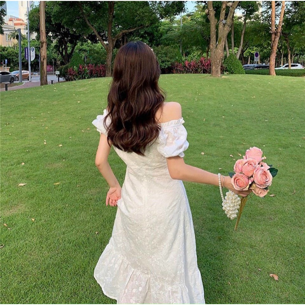 Váy trắng midi trễ vai dài khoe dáng đuôi cá siêu xinh-Hàng chất lượng cao XUKA DRESS DT011