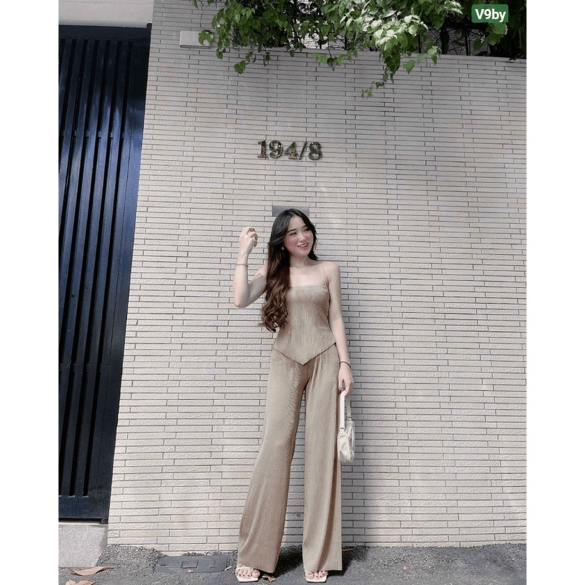 SÉT BỘ NỮ THUN GÂN ÁO HAI DÂY QUẦN DÁNG RỘNG TÔN DÁNG BODY CỰC HOT PU THỜI TRANG HHP