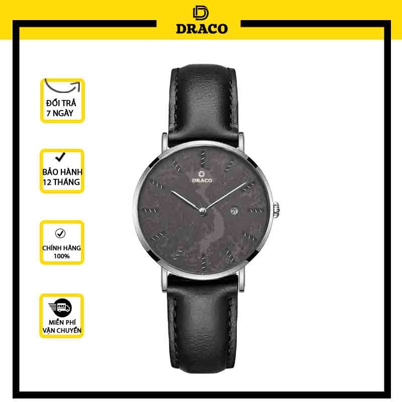 Đồng hồ nữ Draco D22-STN03 &quot;Vietnamese Girl&quot; viền bạc kết hợp chất liệu dây da bò màu đen-phụ kiện thời trang nữ
