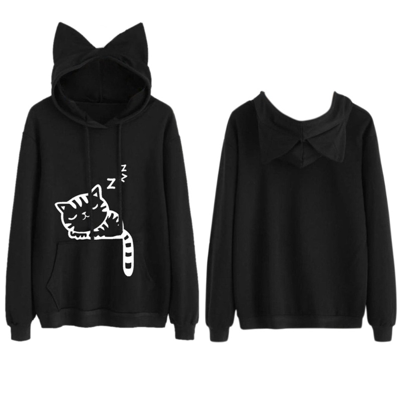 Áo Hoodie Tay Dài In Họa Tiết Tai Mèo Dễ Thương Cho Nữ