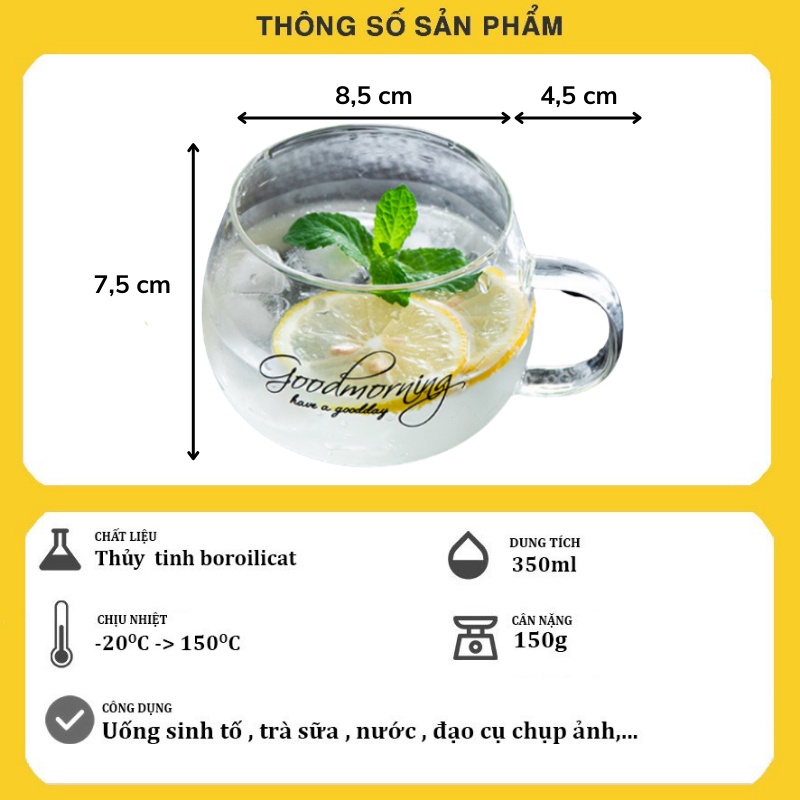 Ly thủy tinh dễ thương uống nước đẹp chịu nhiệt uống sinh tố GOOD 350 NEW  cao cấp, cốc uống cafe cute decor BOLITA
