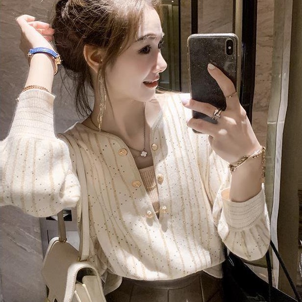 áo len dệt kim dài tay, thu đông 2021, có thể mặc sexy hoặc kèm áo quây