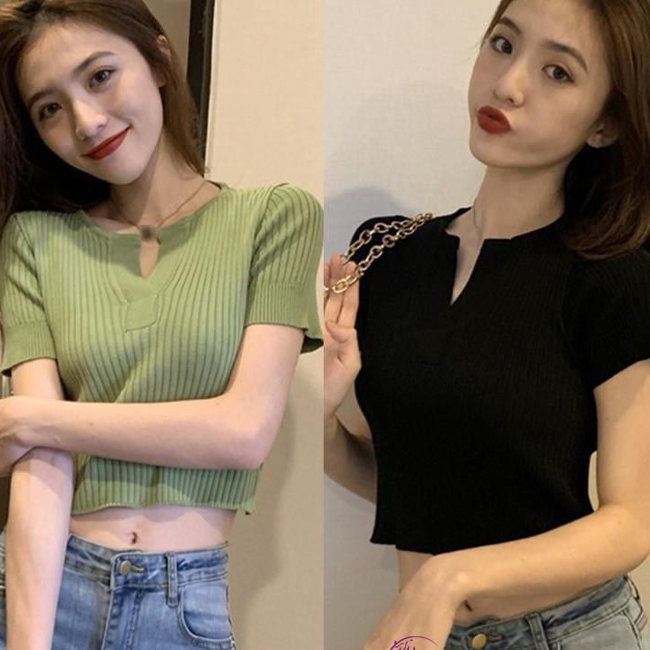 Áo Croptop Ulazzang Xẻ Cổ Chất Gân Đũa Xịn LaCa, Áo Kiểu Cổ V Nữ C5-1 | BigBuy360 - bigbuy360.vn