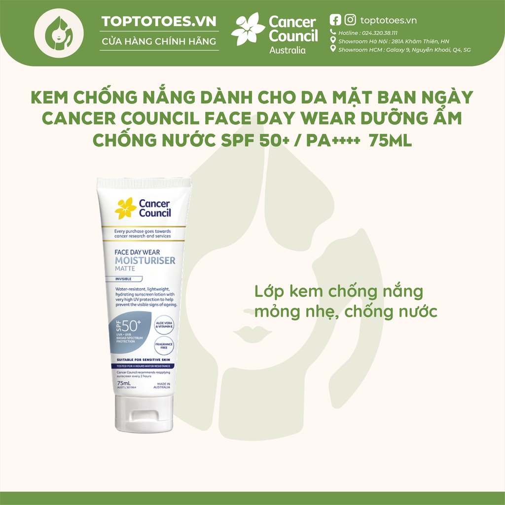 Kem chống nắng Cancer Council Face Day Wear Invisible SPF 50+/ PA ++++ dành cho da mặt hàng ngày