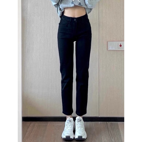 Quần Jean Ống Đứng Màu Đen Chất Jean Co Giãn