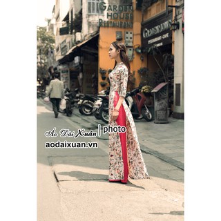 Áo dài hoa nhí mầu be - 180405