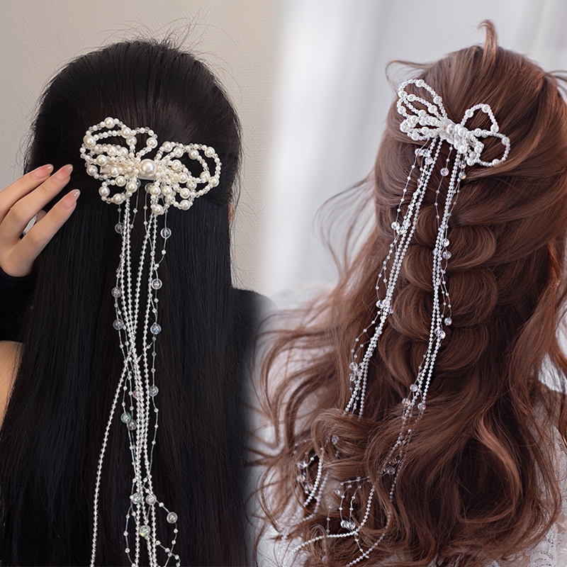 Kẹp Tóc Đính Hạt Ngọc Trai Tua Rua Phong Cách Hàn Quốc Đơn Giản Dành Cho Cô Dâu