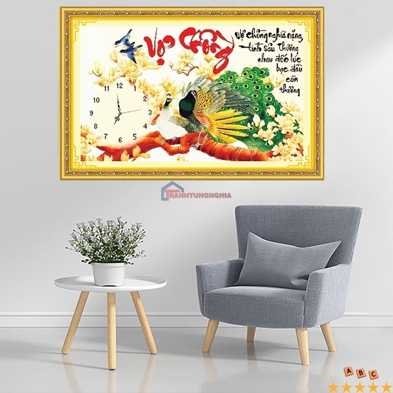 Tranh thêu chữ thập đồng hồ vợ chồng công 74cm x 48cm