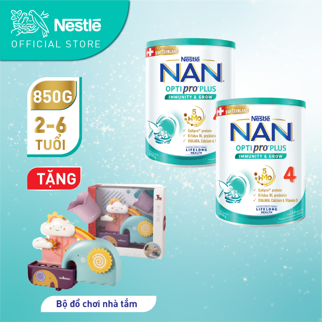 [Tặng 1 bộ Đồ Chơi Nhà Tắm] Bộ 2 lon Sữa bột Nestlé NAN OPTIPRO PLUS 4 850g/lon với 5HMO Giúp tiêu hóa tốt