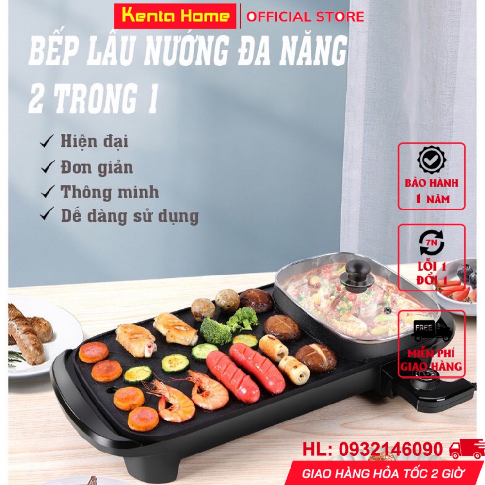 Bếp lẩu nướng kết hợp 2 in 1, Bếp lẩu nướng đa năng cao cấp có thể ăn lẩu nướng đồng thời dễ vệ sinh với men chống dính