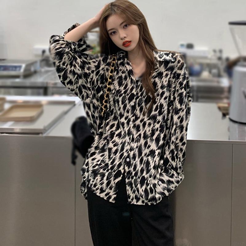 Áo Sơ Mi Tay Dài Dáng Rộng Họa Tiết Da Báo Quyến Rũ Phong Cách Hàn Quốc