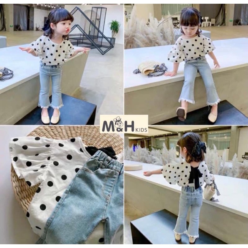 Set Bộ Áo Bi Nơ Sa Quần Bò Mềm Cho Bé Gái