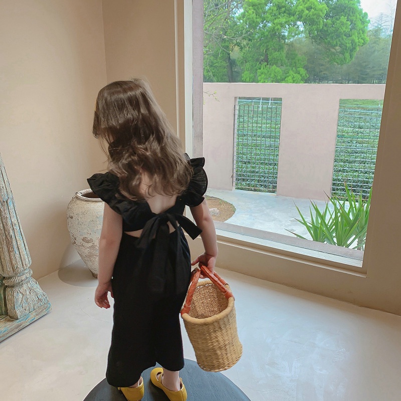 Bộ Áo Liền Quần Sát Nách Viền Ren Màu Trơn Bằng Vải Cotton Cho Bé Gái 2-7 Tuổi
