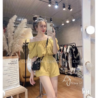 set bộ đùi chấm bi đũi vàng áo mặc 2 kiểu