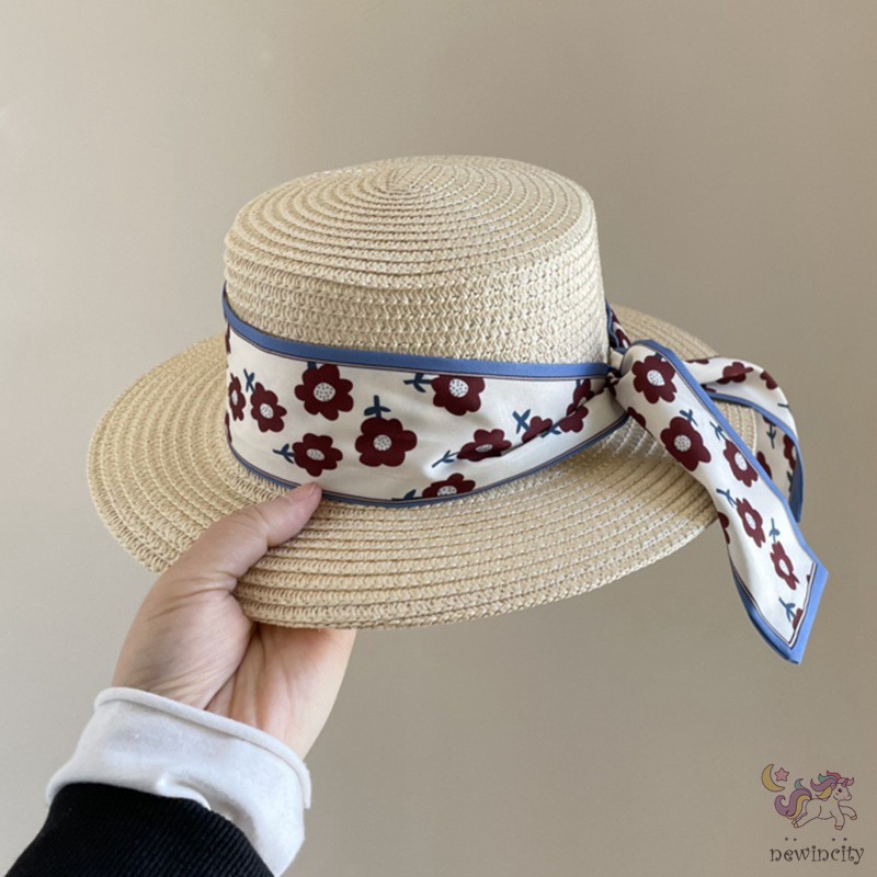 Mũ cói bé gái phối ruy băng cột nơ thời trang phong cách Hàn Quốc