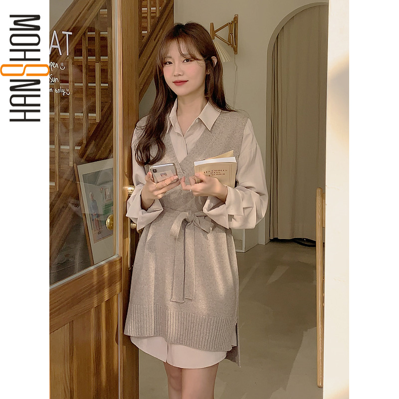 Đầm sơ mi tay dài/Áo khoác dệt kim không tay thời trang thanh lịch cho nữ