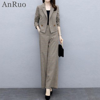 Bộ Đồ Vest Quần Ống Rộng Họa Tiết Houndstooth Thời Trang Mùa Thu 2020 Cho Nữ