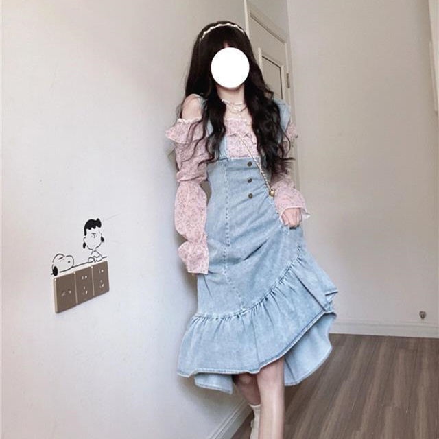 Bộ Áo Sơ Mi Tay Dài Trễ Vai In Họa Tiết Hoa + Chân Váy Yếm Denim Phong Cách Hàn Quốc Thời Trang