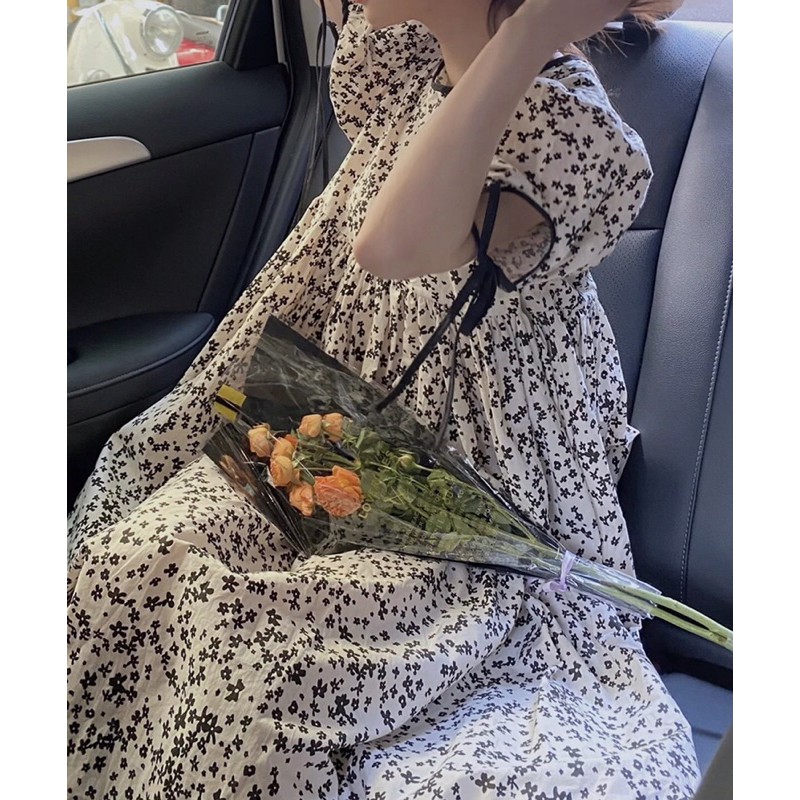 VÁY BABYDOLL HOA NHÍ TRẮNG ĐEN, TAY THẮT NƠ CỰC XINH