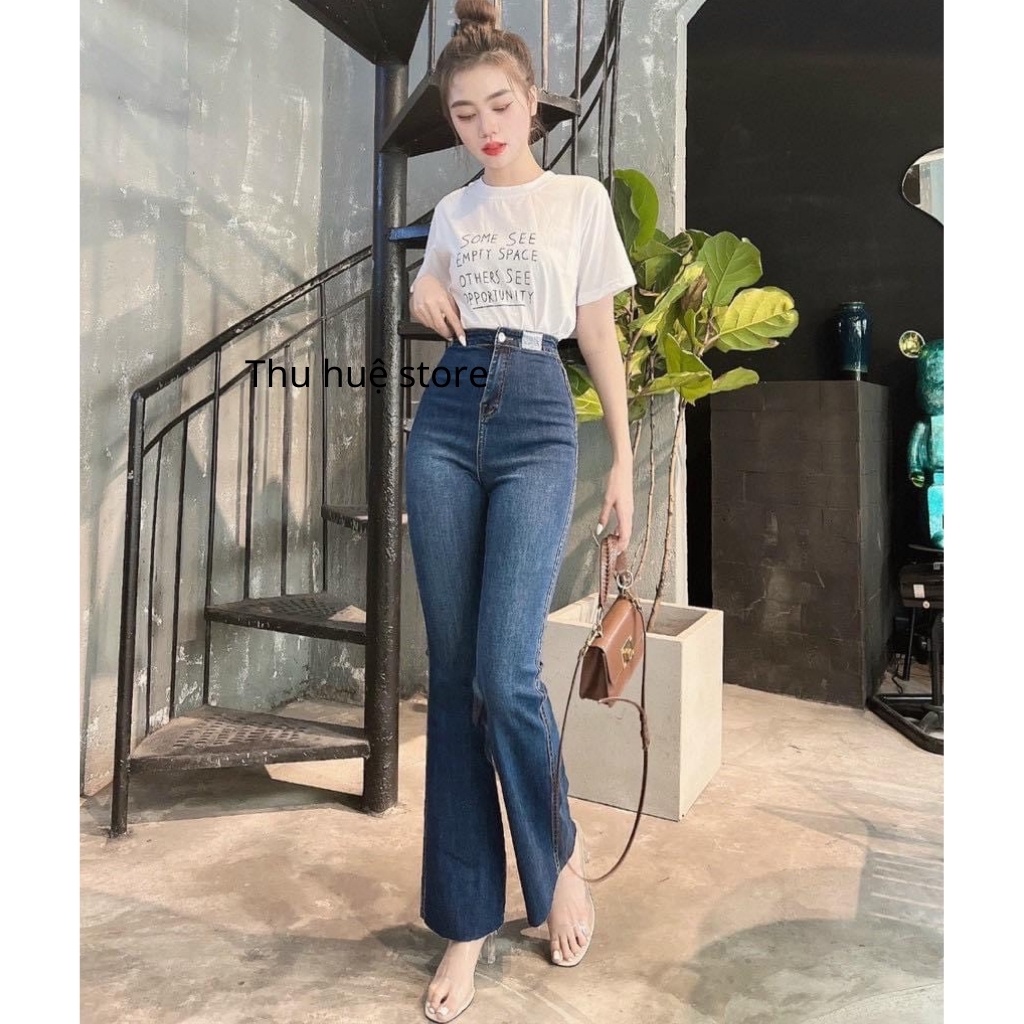 Quần Jean Loe,Quần Bò Ống Loe Lưng Cao Không Túi Trước