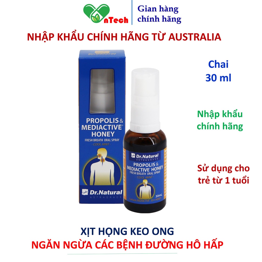 Xịt họng keo ong Dr.Natural hỗ trợ sát khuẩn vệ sinh răng miệng ngăn ngừa các vấn đề về đường hô hấp chai 30ml