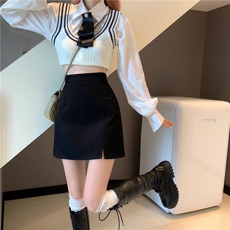 Porozi  Chân váy chữ A  ngắn lưng cao ôm dáng phong cách Hàn Quốc dễ thương cho nữ