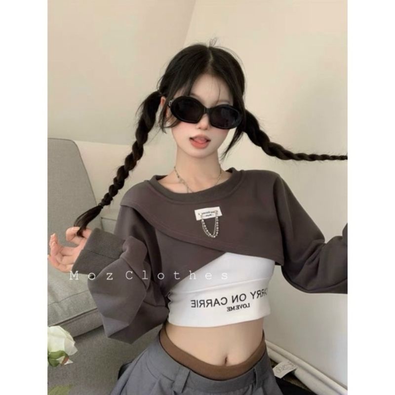 Áo croptop phối xích tay dài dáng lững ôm form tôn dáng sexy quyến rũ phong cách cá tính Hàn ảnh thật