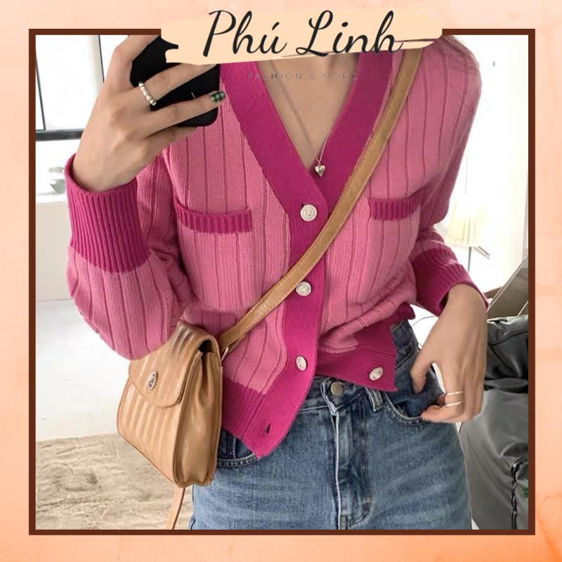 MS825 Áo len kiểu nữ phối màu viền túi ngực cổ tim