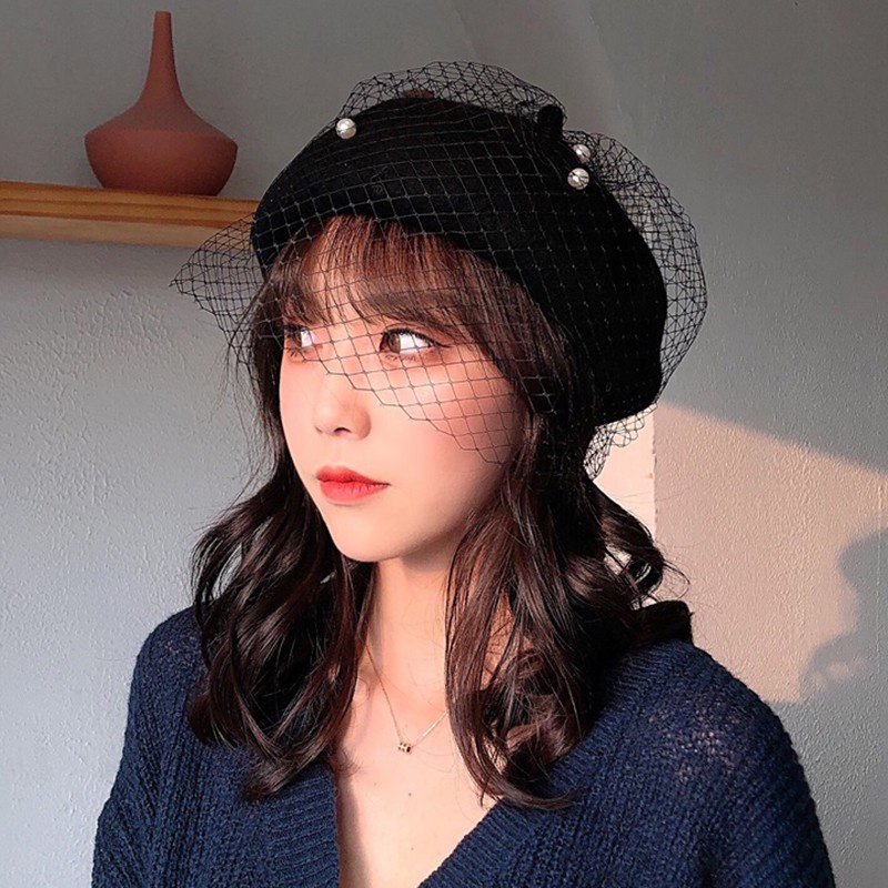 Mới Nón Beret Len Phối Ren Đính Ngọc Trai Phong Cách Hàn Quốc Thời Trang Mùa Đông Cho Nữ