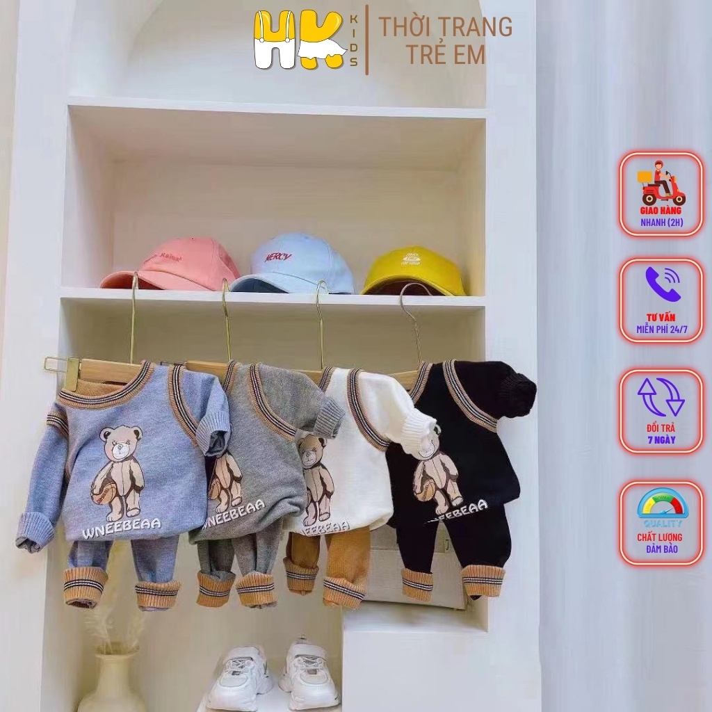 Bộ len gấu cho bé HK KIDS, chất len cao cấp mềm mịn, kiểu gile họa tiết gấu xinh xắn cho bé trai từ 0-3 tuổi