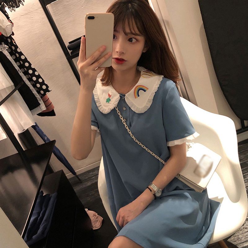 Váy Đầm Dáng Rộng Cổ Búp Bê Thêu Họa Tiết Xinh Xắn Cho Nữ