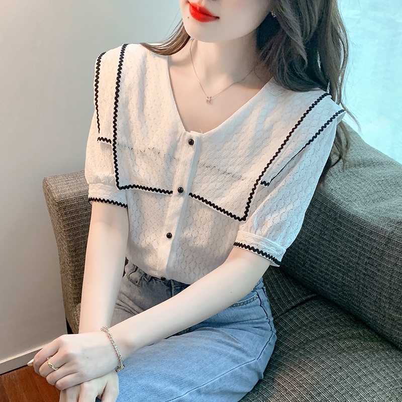 Áo Sơ Mi Tay Ngắn Cổ Thủy Thủ Phối Ren Màu Sắc Hợp Thời Trang Dễ Phối Đồ