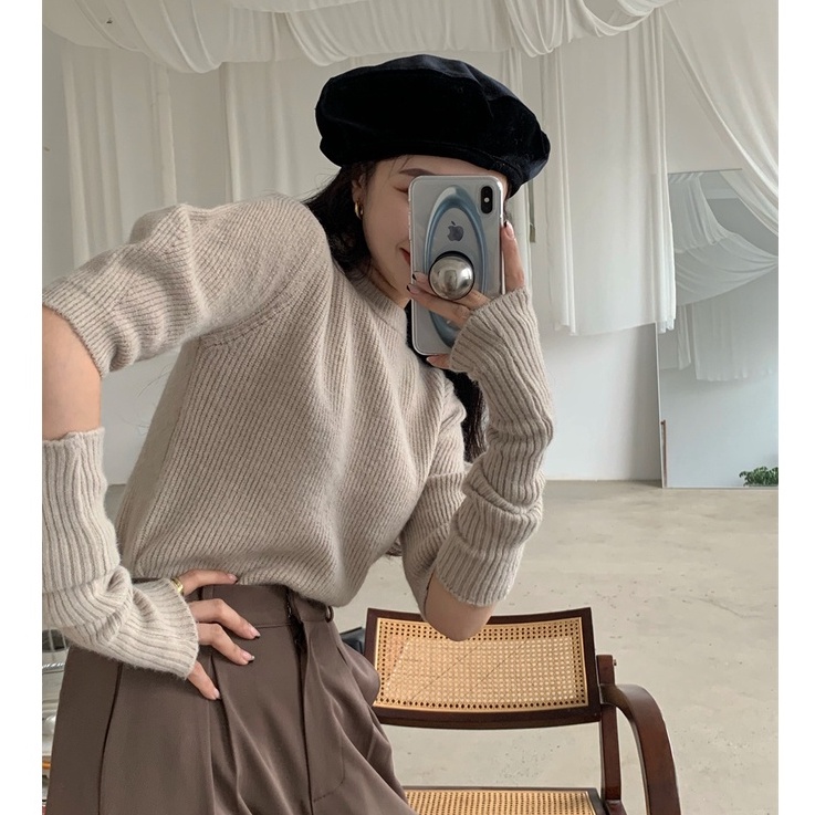 QKOOLE  Áo sweater dệt kim cổ tròn + găng đeo cánh tay kiểu Hàn Quốc thời trang cho nữ