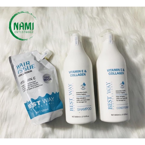 Cặp Gội Xa BEST WAY Vitamin E &amp; Collagen 800Ml Nuôi Dưỡng VÀ Phục Hồi Tóc Siêu Mượt Hàng Chính Hãng NAMI