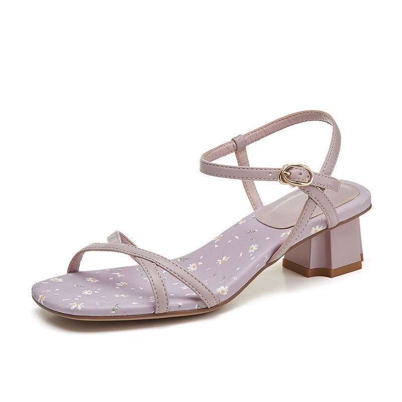 Sandal vintage hoa nhí tím cao 4cm