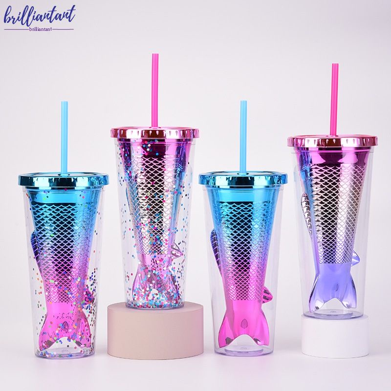 Bình Đựng Nước Hai Lớp Bằng Nhựa Mạ Điện Hình Đuôi Cá Màu Gradient 350ml