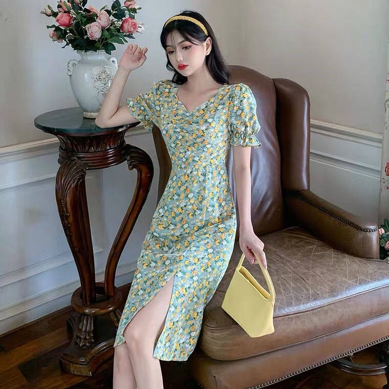 Đầm Xẻ Tà In Họa Tiết Hoa Cúc Phong Cách Pháp Thời Trang Cho Nữ