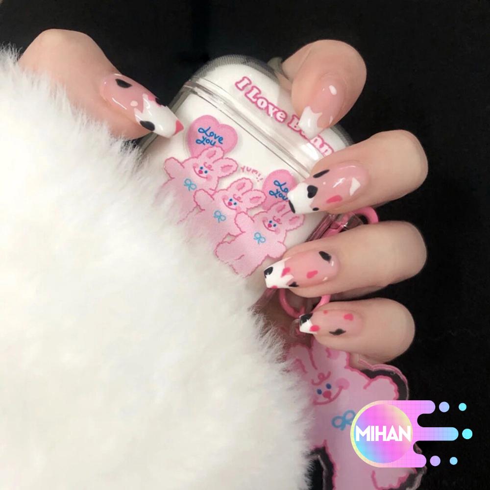 [Hàng mới về] Hộp 24 móng tay giả ballerina có thể đeo vào tháo ra thiết kế che toàn móng họa tiết bò sữa kèm keo ấn