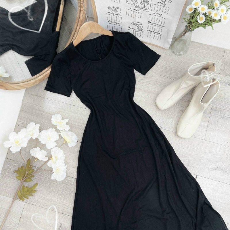 Đầm maxi cổ tròn tay ngắn xẻ tà dáng xoè, váy nữ dáng dài xuất xịn