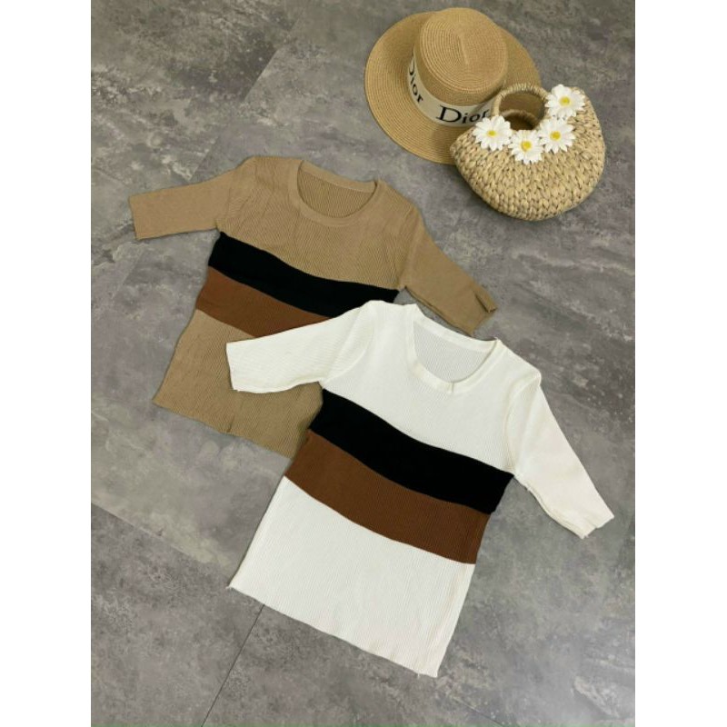 Áo len kẻ cổ pha nhiều màu quảng châu