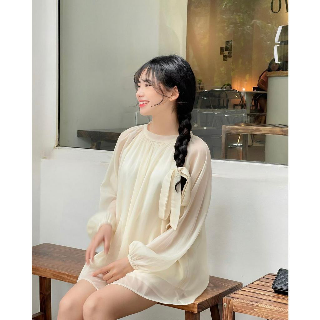 Set áo voan dài tay cổ tròn tay bồng kèm quần đùi cạp chun (tặng dây đai turban)