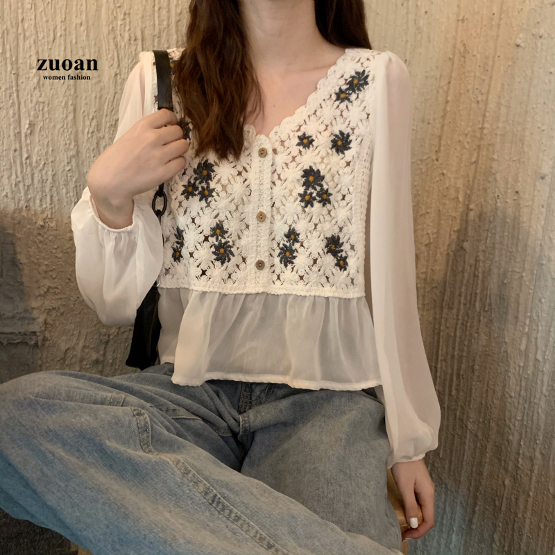 SUXI Áo sơ mi voan cổ tim thêu họa tiết hoa cúc thanh lịch thời trang cho nữ