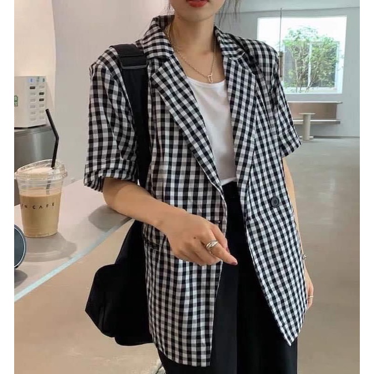 Áo blazer tay ngắn cổ vest 4 nút bọc nhiều màu freesize Pumi
