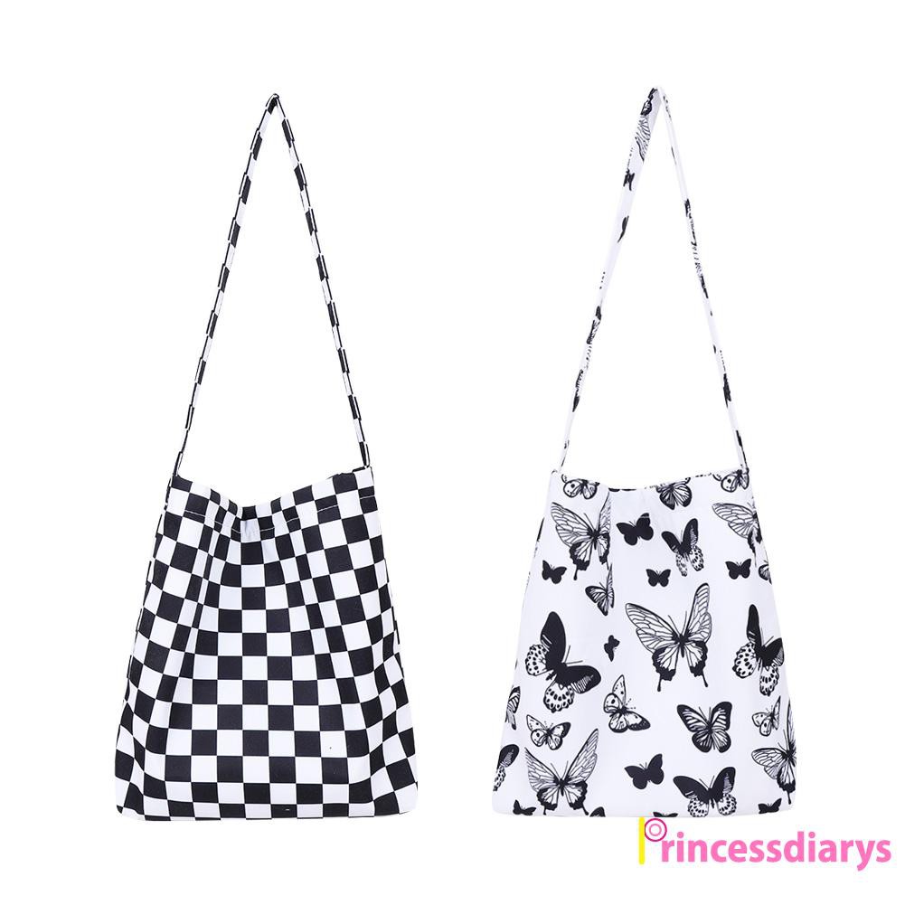 Fashion Women Checkerboard Butterfly Print Canvas Shopping Bag Tote Handbag