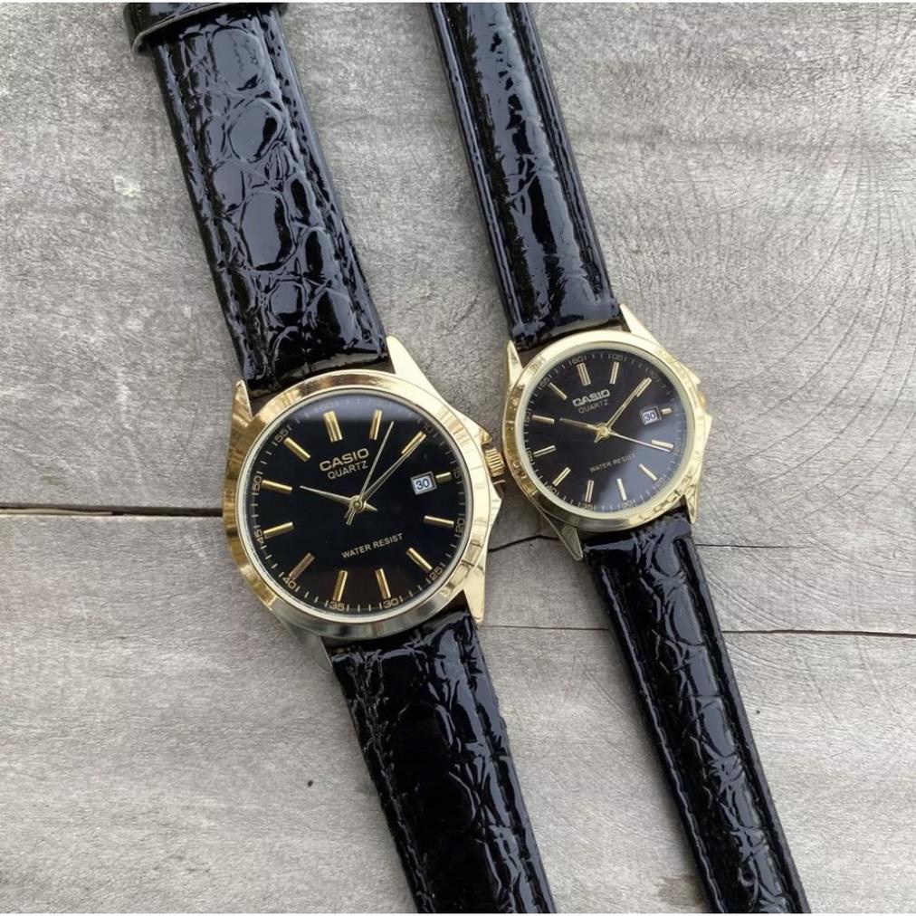 Đồng Hồ Cặp Đôi Casio C045 DÂY DA Mặt Đen Chống Xước, Chống Nước