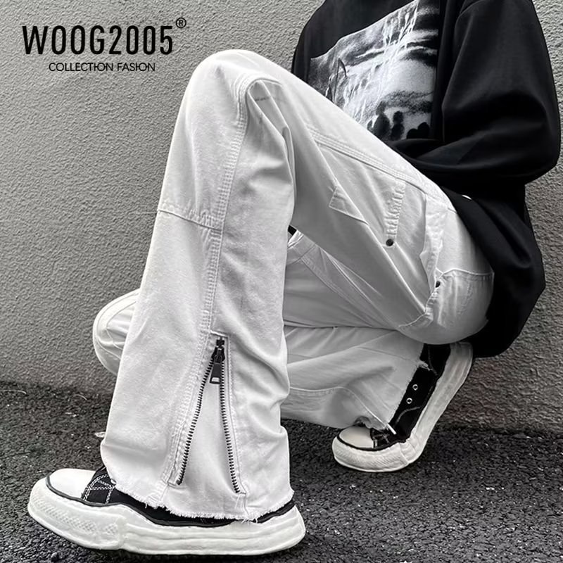 Quần Jean Dài Dáng Rộng Ống Đứng Màu Trắng Đen Phong Cách Âu Mỹ Cá Tính Cho Nam