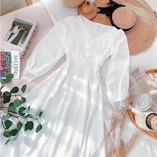Đầm váy freesize trắng viền ren nút eo