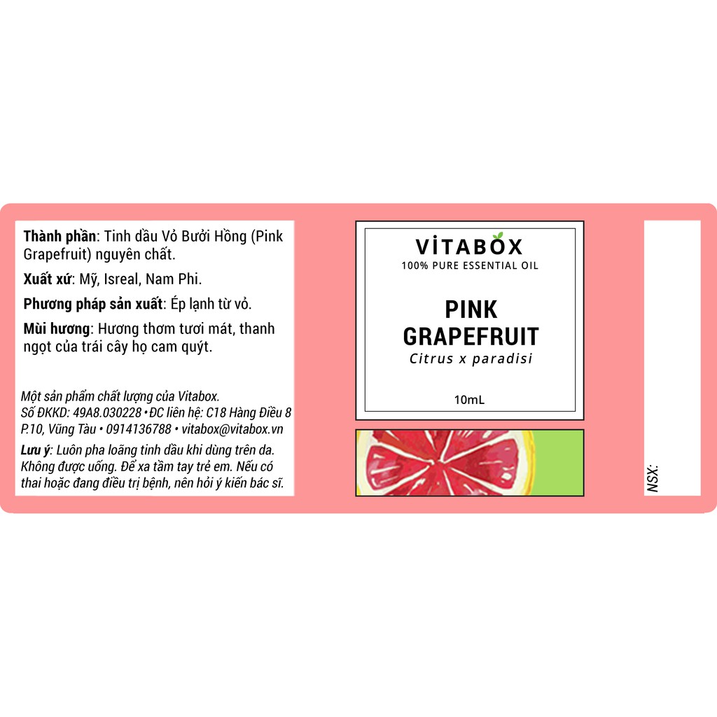 Tinh Dầu Vỏ Bưởi Hồng (Pink Grapefruit) - 100% Thiên Nhiên Nguyên Chất - Vitabox Natural Essential Oil