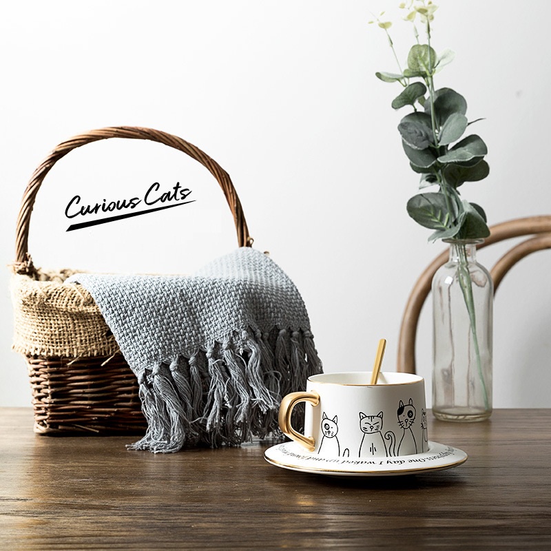 Set cốc sứ và đĩa uống cafe có kèm thìa in hình mèo 250ml