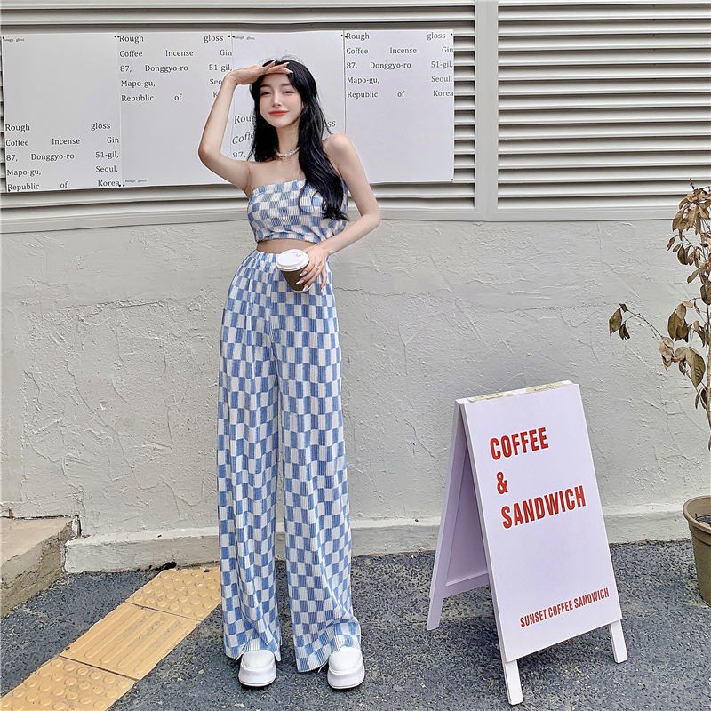 Áo ống và Quần dài ống rộng in sọc caro phong cách hè cho nữ (Có bán lẻ)